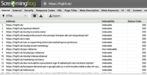 kontrola indexacie webu cez screaning frog